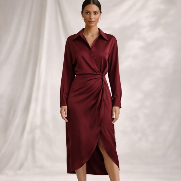 Astr The Label | Satin Wrap Shirt Dress Burgundy NWT - Picture 5 of 11